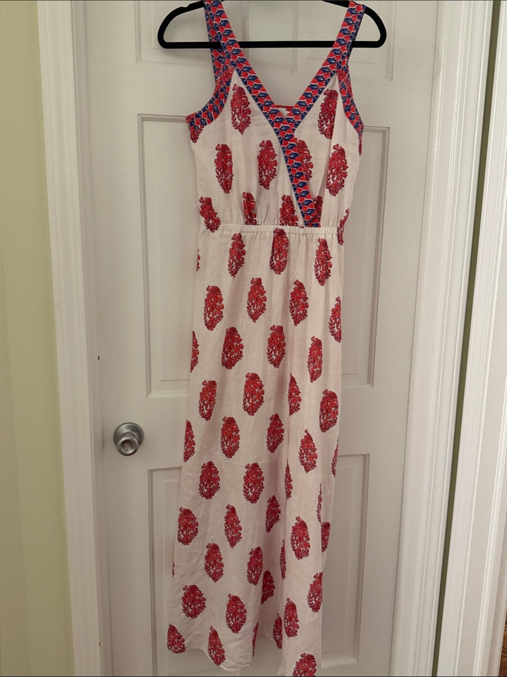 Vineyard Vines Cream Maxi Dress with Red Print and Blue Trim
